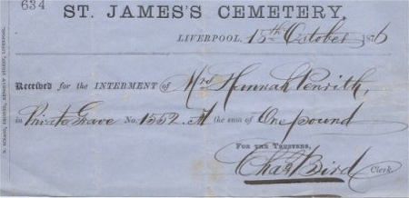 Receipt for the Interment of Hannah Penrith