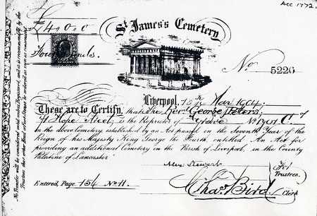 Plot Certificate for Reverend George Peters