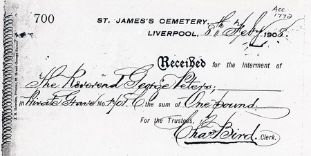 Receipt for the Interment of Reverend George Peters